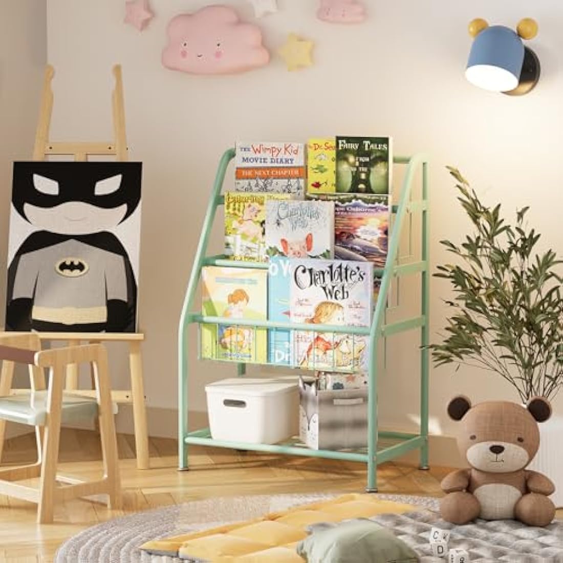 Huhote Children Kids Bookshelf, Small Bookcase, Kids Book Rack, Book and Toy Storage Organizer Display Stands Shelf for Small Place Living Room Study Children's Room (Green)