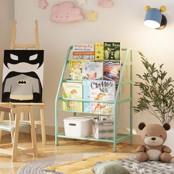Huhote Children Kids Bookshelf, Small Bookcase, Kids Book Rack, Book and Toy Storage Organizer Display Stands Shelf for Small Place Living Room Study Children's Room (Green)