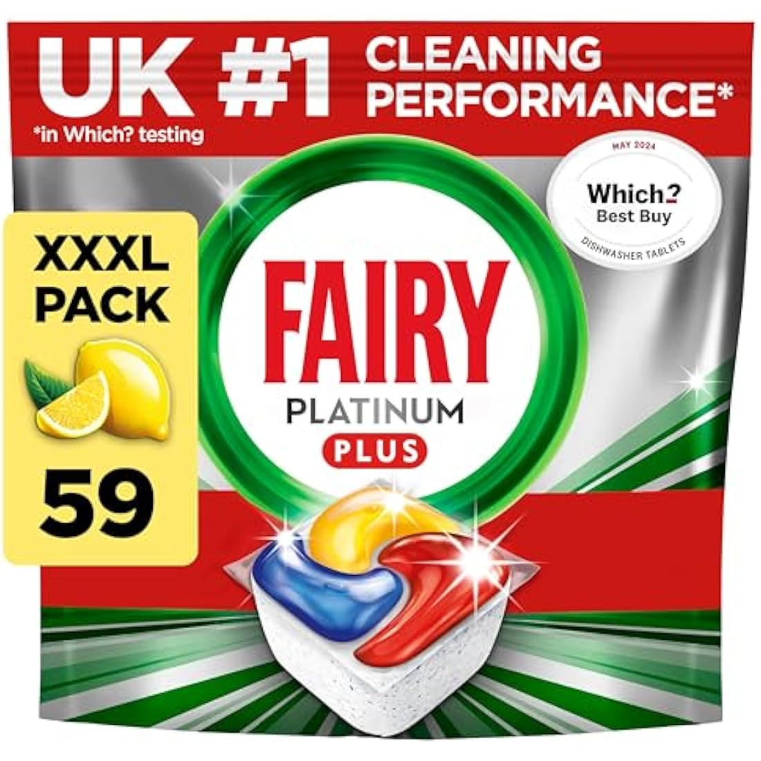 Fairy Platinum Plus Dishwasher Tablets – Bulk Pack, 59 Tablets, XXL Pack, Lemon