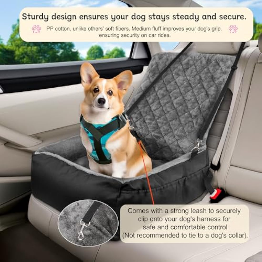 Dog Car Booster Seat for Small Dogs, Black Plush & Cosy Pet Travel Bed with Storage Pocket, Washable & Scratch Proof Pet Car Seat Bed for Back and Front Seat, Comes with a Safety Leash, Black