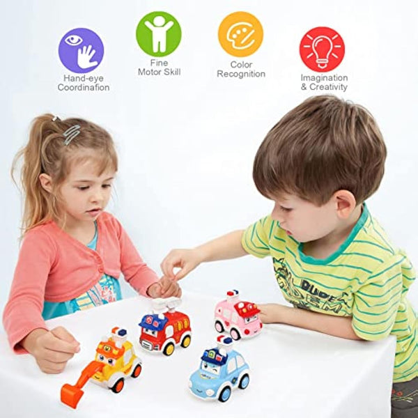 JoyPlus 4Pcs Baby Toy Cars, Press and Go Baby Toy Cars for 1 2 3 Year Old Toddlers, Cartoon Wind up Car Set, Car Toys Set Early Educational Toys Gifts for 1 2 3 Year Old Kids Boys Girls