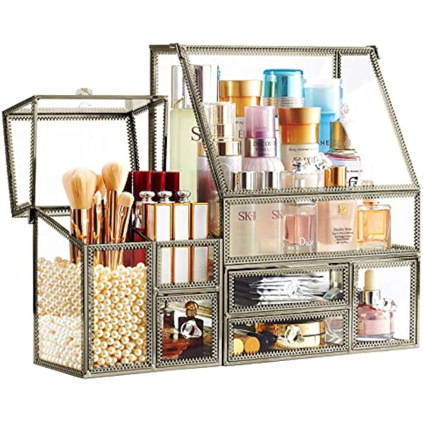 Hersoo Glass Antique Brass Stackable Drawer Set Makeup Organizer for Vanity Antique Countertop Vanity Cosmetic Storage Box Mirror Glass Beauty Display