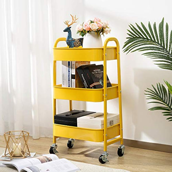 DOEWORKS 3 Tier Storage Trolley on Wheels Rolling Kitchen Trolley Craft Trolleys Beauty Trolleys Metal Storage Utility Cart for Books Room Bathroom Office, Yellow