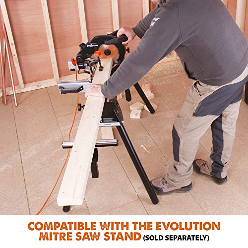 Evolution Power Tools R210CMS Compound Miter Saw Multi-Material Cutting TCT Blade Included Cuts Wood Metal Plastic & More, 45° - 45° Degree Miter & 45˚ Degree Bevel Angles, 1200W, 210mm