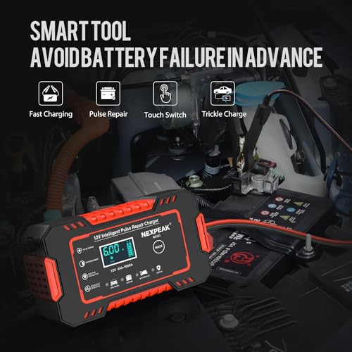 6-Amp Car Battery Charger, 12V Smart Fully Automatic Battery Charger with Temperature Compensation for Car Truck Motorcycle Marine Lead Acid Batteries