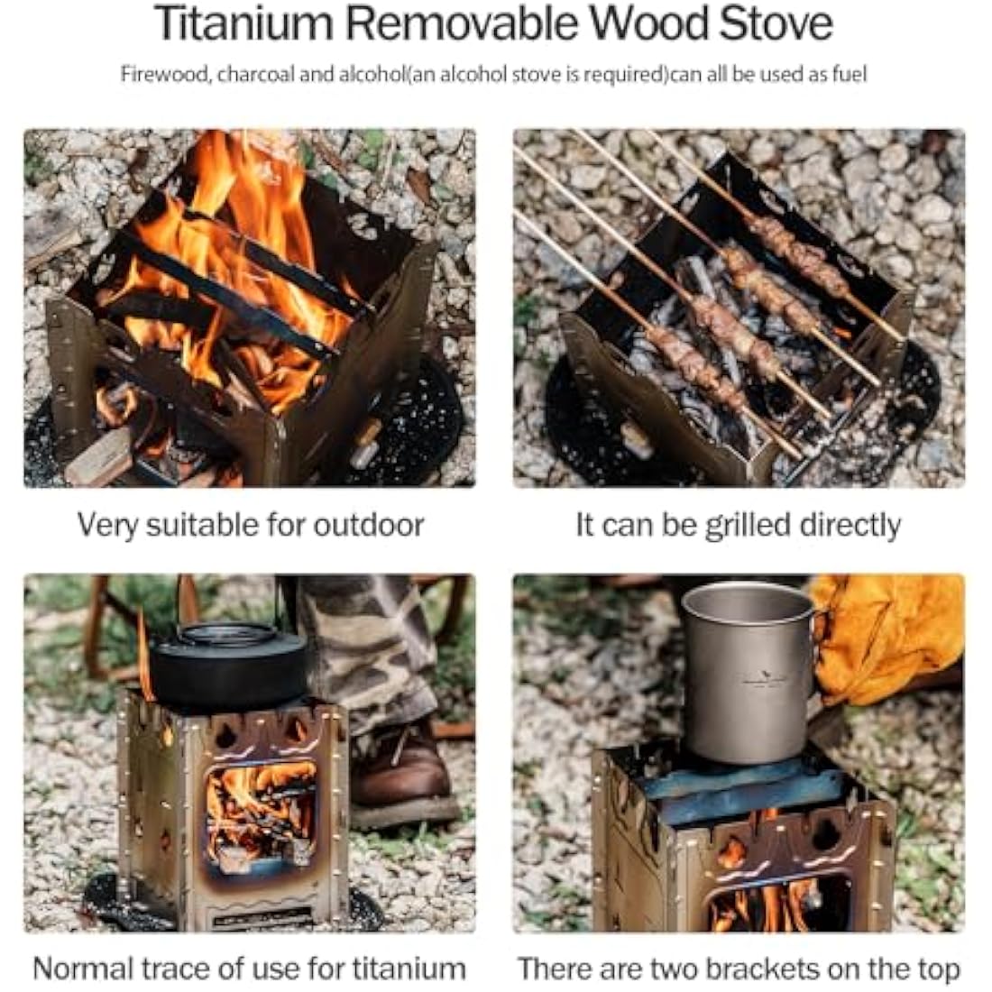 iBasingo Portable Titanium Wood Stove for Camping Detachable & Assembled Design, Ultralight Backpacking Stove with Pot Holder Compact Campfire Cooker for Charcoal Alcohol BBQ Survival Gear Ti2008C