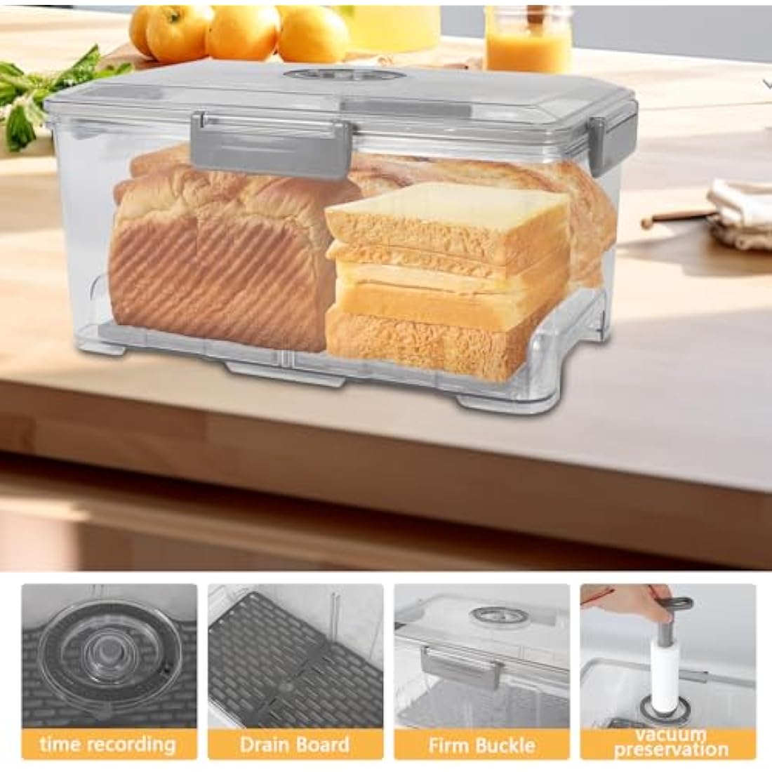 Gzsekken Bread Bin Airtight Bread Storage Container with Pump,Time Recording Bread Box with Lid Plastic Bread Bins for Kitchen Freezer Bread Holder for Homemade Bread, Toast, Bagel, Donut and Cookies
