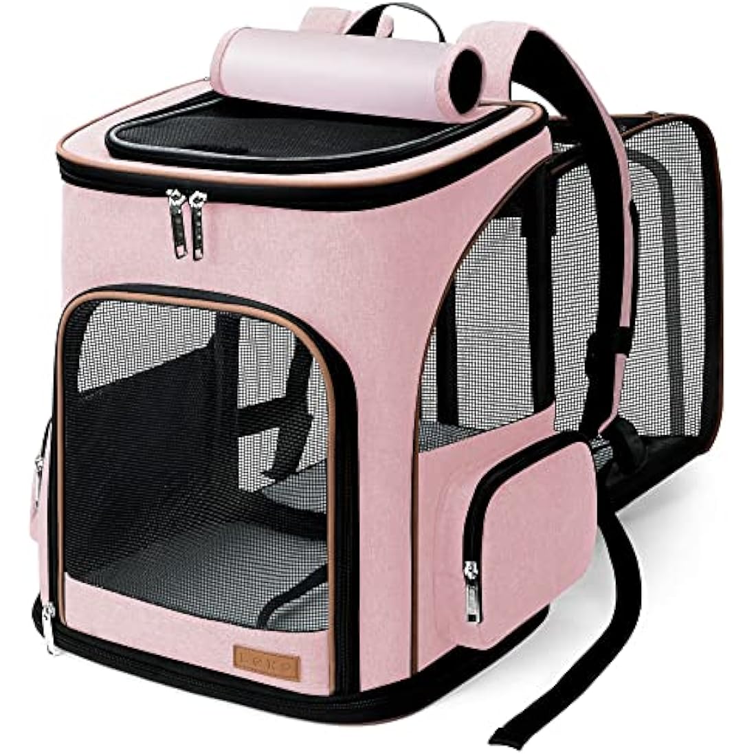 Lekesky Expandable Cat Carrier Backpack - Portable Breathable Rucksack for Medium and Small Cats & Dogs, Foldable with Inner Escape-proof Leash and Pet Mat, Supports 25 lbs (Pink)
