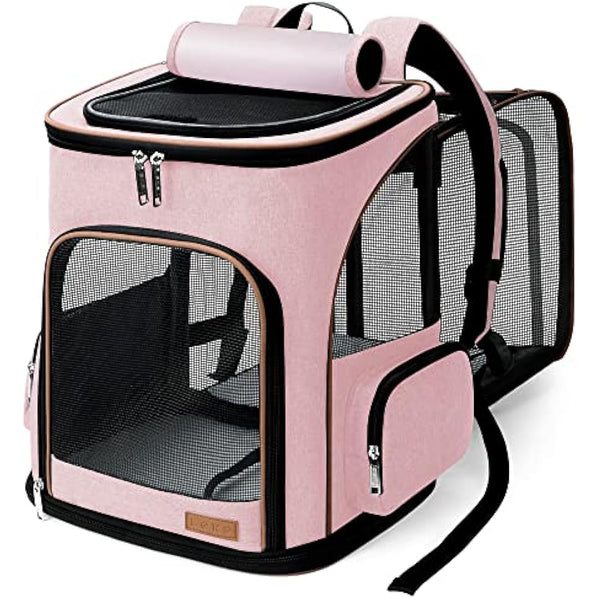 Lekesky Expandable Cat Carrier Backpack - Portable Breathable Rucksack for Medium and Small Cats & Dogs, Foldable with Inner Escape-proof Leash and Pet Mat, Supports 25 lbs (Pink)