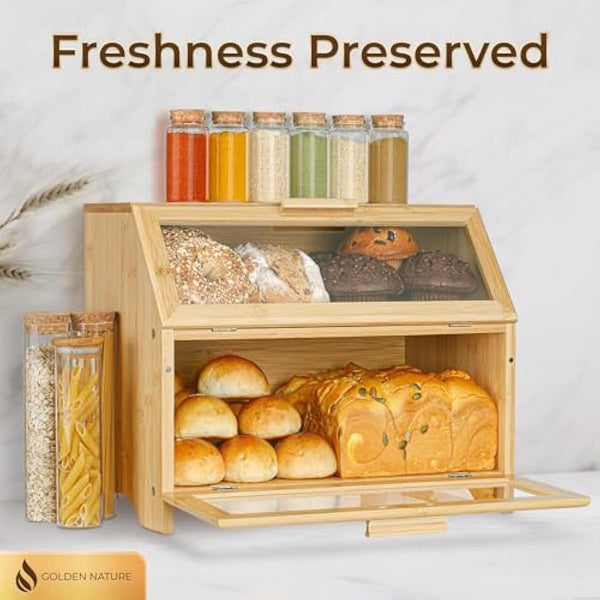 Golden Nature Double Layer Bamboo Bread Box for Kitchen Countertop - Large Wooden Storage Box w/Clear Display Windows - Food Keeper for Muffins, Bagels & Cookies
