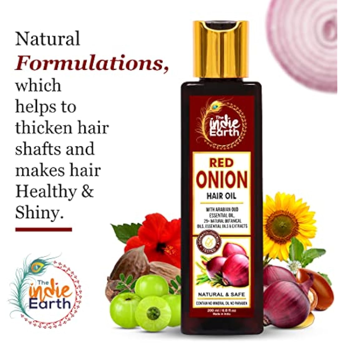 INDIE EARTH RED ONION HAIR OIL 200 ML - ANTI HAIR LOSS & HAIR GROWTH WITH BLACK SEED, CURRY LEAF, HIBISCUS BHRINGRAJ & 29+ NATURAL OILS & EXTRACTS