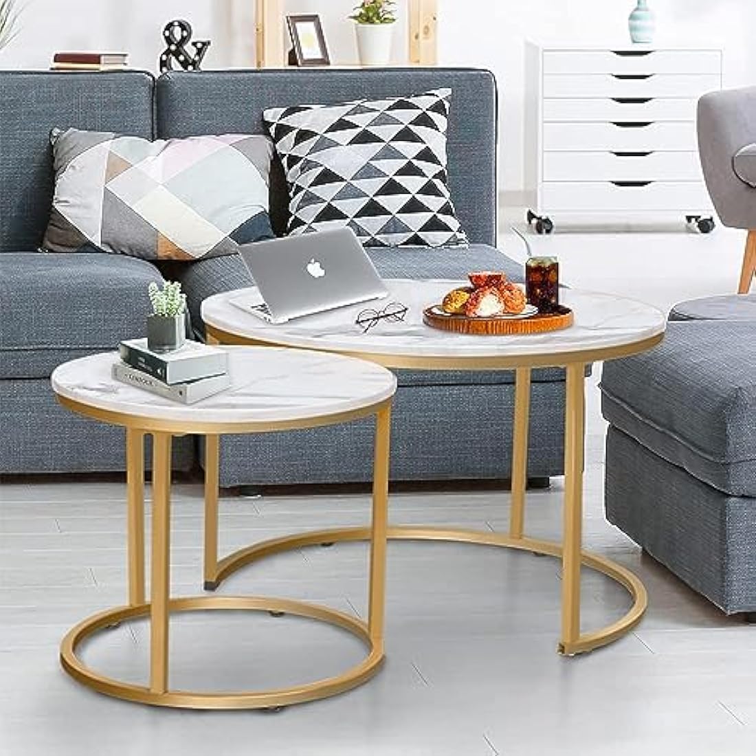 Huhote Round Coffee Tables, Set of 2 End Table, Nesting Tables, Side Table with Metal Frame for Living Room/Bedroom/Balcony/Office/Apartment, Diameter 23.6/15.7 IN (Gold Frame, White Marble Top)