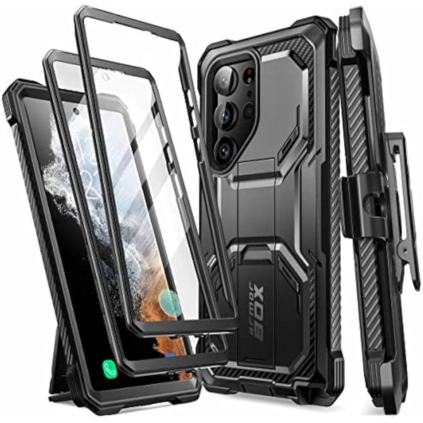 i-Blason Armorbox for Samsung Galaxy S23 Ultra Case With Stand, [2 Front Frame] 360 Full-Body Holster Bumper Case with Built-in Screen Protector & Belt Clip Phone Case for S23 Ultra, Black