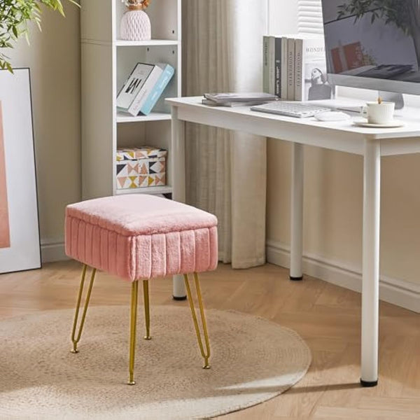 IBUYKE Stool Chair with Storage Space, Footrest Footstool Ottoman, Small Side Table, with 4 Metal Legs, with Anti-Slip Feet, for Makeup Room, Bedroom, Faux Fur, Pink L/G-50P