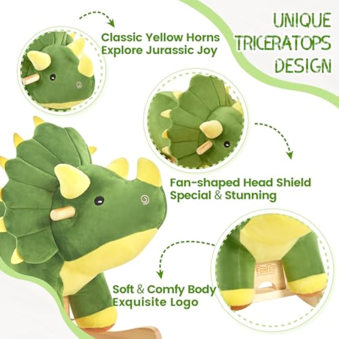 FUNLIO Dinosaur Baby Rocking Horse for Toddlers 1-3 Years, Mighty & Cute Green Plush Rocking Triceratops, Stuffed Ride-on Dinosaur Rocker, Easy to Assemble, CPC & CE Certified