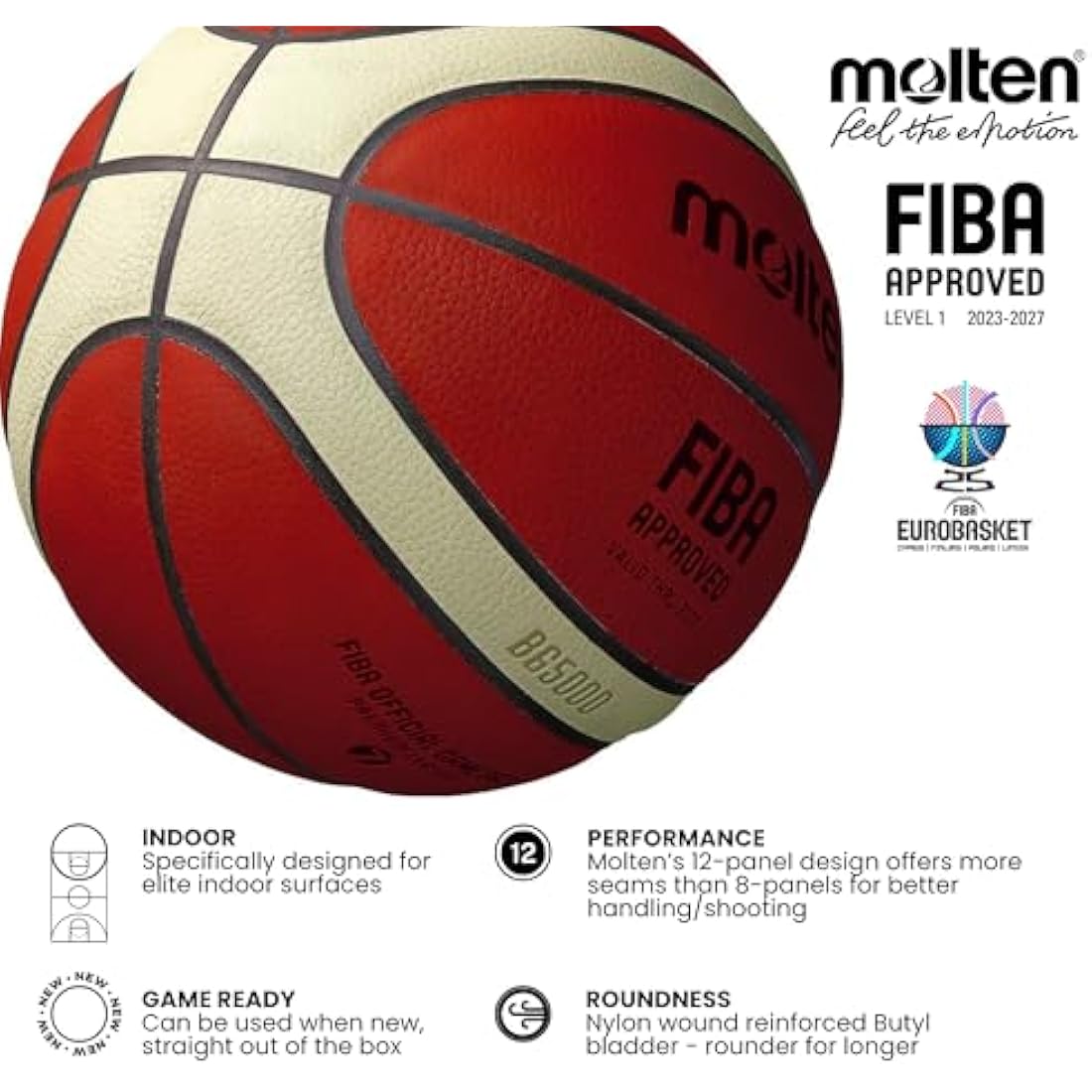 Molten BG5000 Basketball, Official International FIBA Game & Match Ball, FIBA Approved, Premium Real Leather, Indoor Play, Orange/Ivory