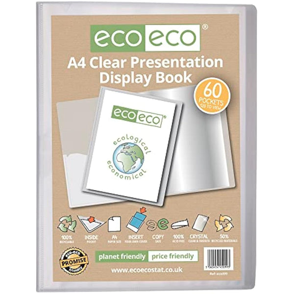 eco-eco A4 Size 50% Recycled 60 Pocket Clear Presentation Display Book, Storage Case Portfolio Art Folder with Plastic Sleeves, eco099