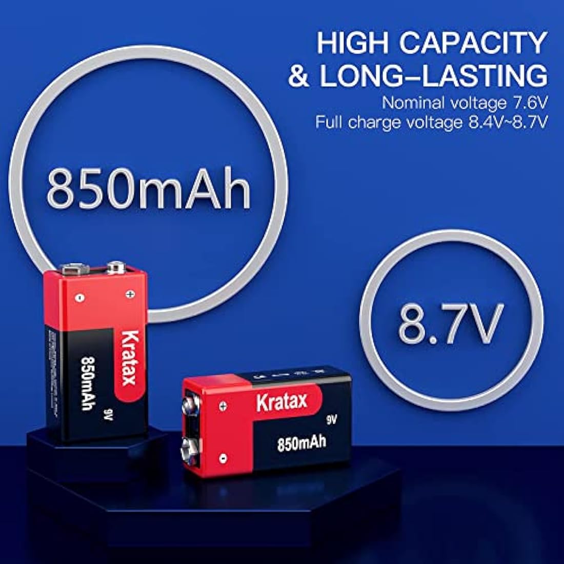 9V Rechargeable Li-ion Battery,Kratax 850mAh 9V Battery Rechargeable,2 Pack 9V Batteries with Protection Board for Smoke Detector Alarm,Fire Alarm,Multimeter,Radio Microphone,Kids Toys Battery