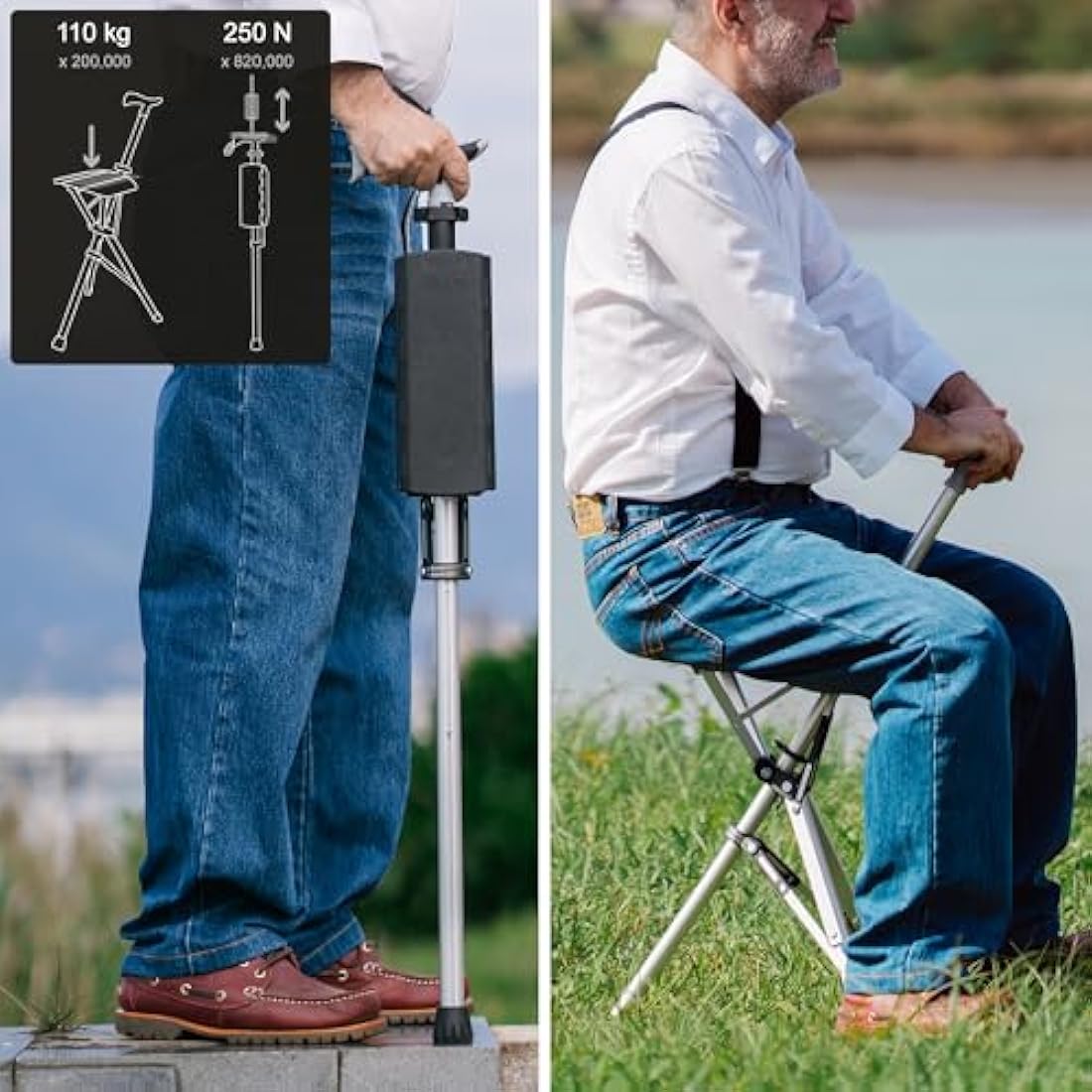 Ta-Da Chair - Walking Stick with Seat, Ultra-Light Aluminium Frame & Sturdy Foldable Stool (up to 110kg), Collapsable Folding Design, Ideal for Travel & Sightseeing