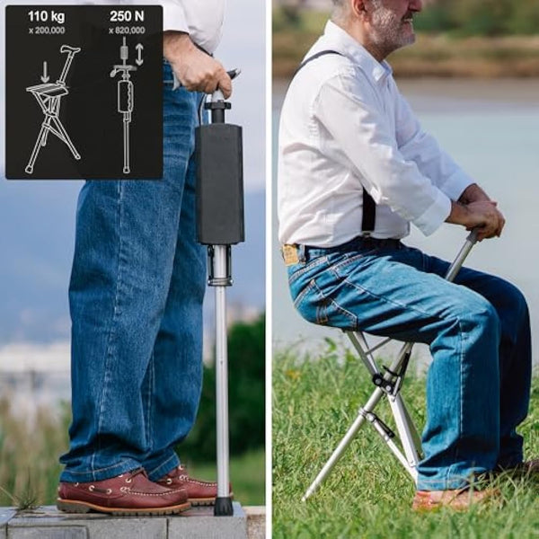 Ta-Da Chair - Walking Stick with Seat, Ultra-Light Aluminium Frame & Sturdy Foldable Stool (up to 110kg), Collapsable Folding Design, Ideal for Travel & Sightseeing