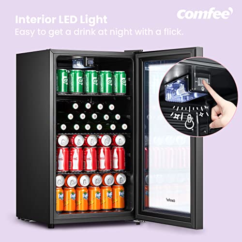 COMFEE' RCZ99BG2(E) Under Counter Beer & Drinks Fridge-93L Capacity,Holds up to 115 Cans, Premium Temperature Performance (2℃ to 15℃), Full Length Low-E Glass, Removable Shelves, LED Light, Low Noise