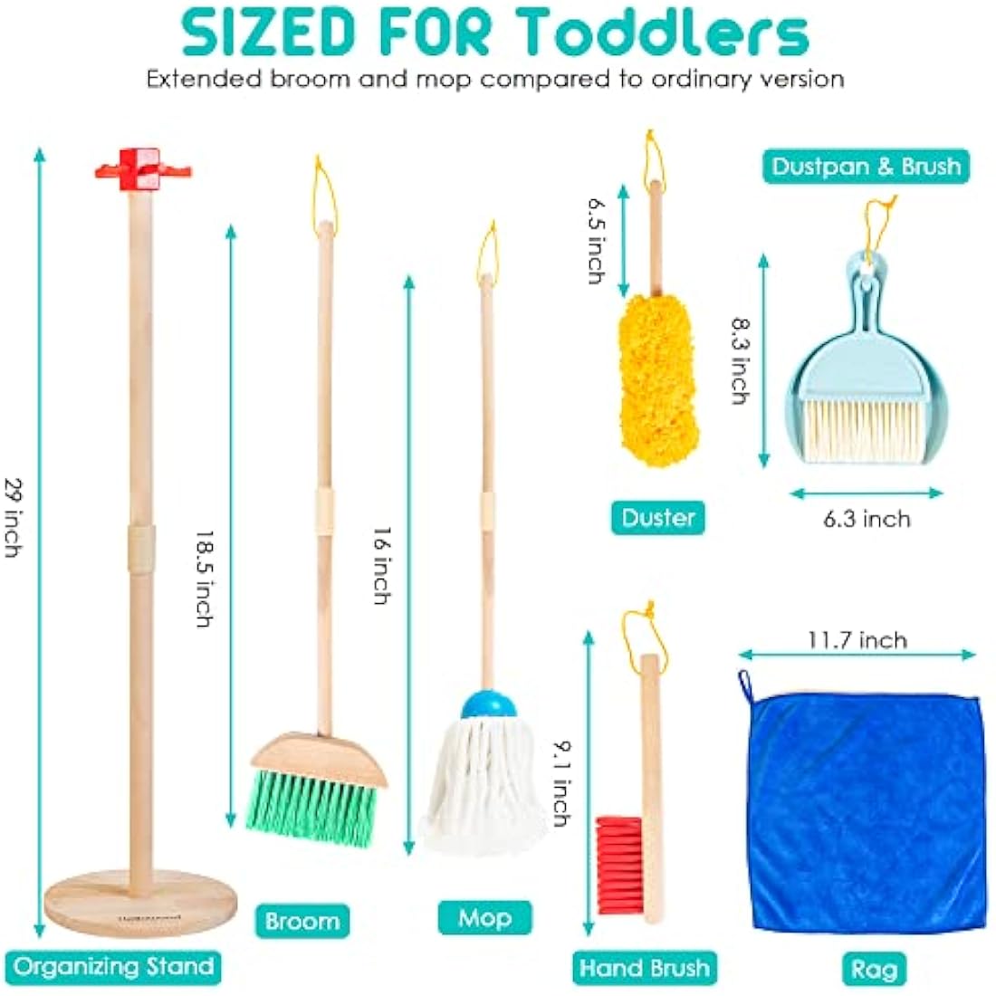 HELLOWOOD Kids Cleaning Set, 8 pcs Housekeeping Pretend Play Set Includes Broom Mop Duster Dustpan Brushes Rag and Organizing Stand, Cleaning Toys for Toddlers Girls Boys Age 3-6, Real Beech Wood
