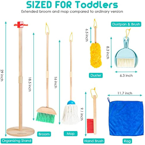 HELLOWOOD Kids Cleaning Set, 8 pcs Housekeeping Pretend Play Set Includes Broom Mop Duster Dustpan Brushes Rag and Organizing Stand, Cleaning Toys for Toddlers Girls Boys Age 3-6, Real Beech Wood