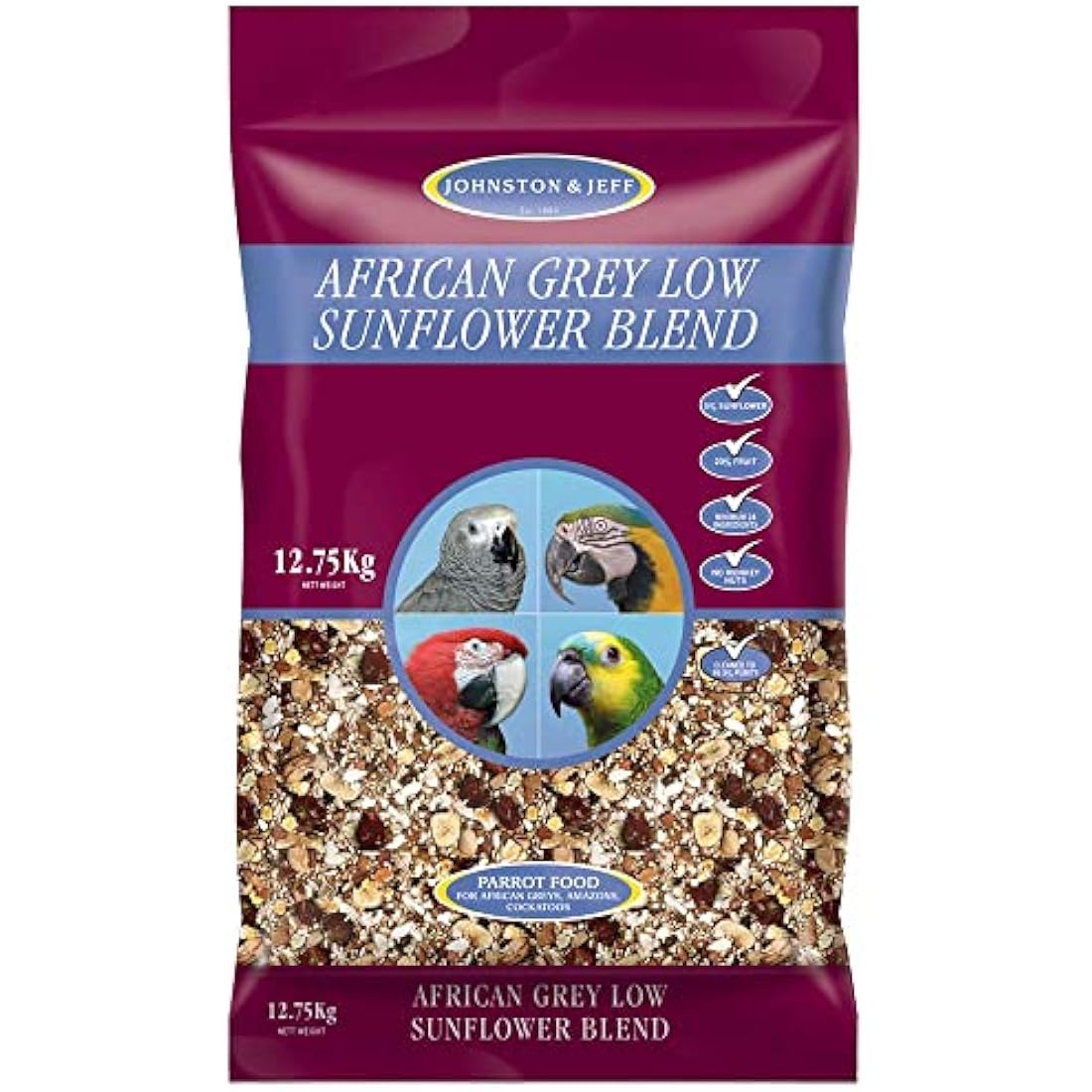 Johnston & Jeff Low Sunflower Diet for African Greys Parrot Food, 12.75 kg
