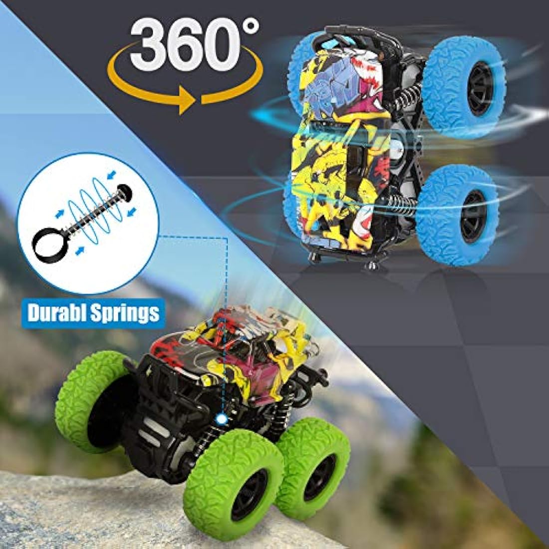 Shayson 2 Pack Monster Truck Toys Friction Powered Cars Pull Back Trucks，Inertia Vehicle Playsets with Shockproof Spring and Rubber Wheel，Toy Cars for Kids