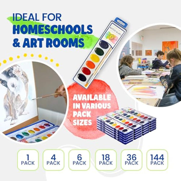 6 Set Watercolour Paint Pack with Wood Brushes 8 Colours Washable Water Colours Perfect for Kids Adults Parties Students Classroom Bulk by Color Swell