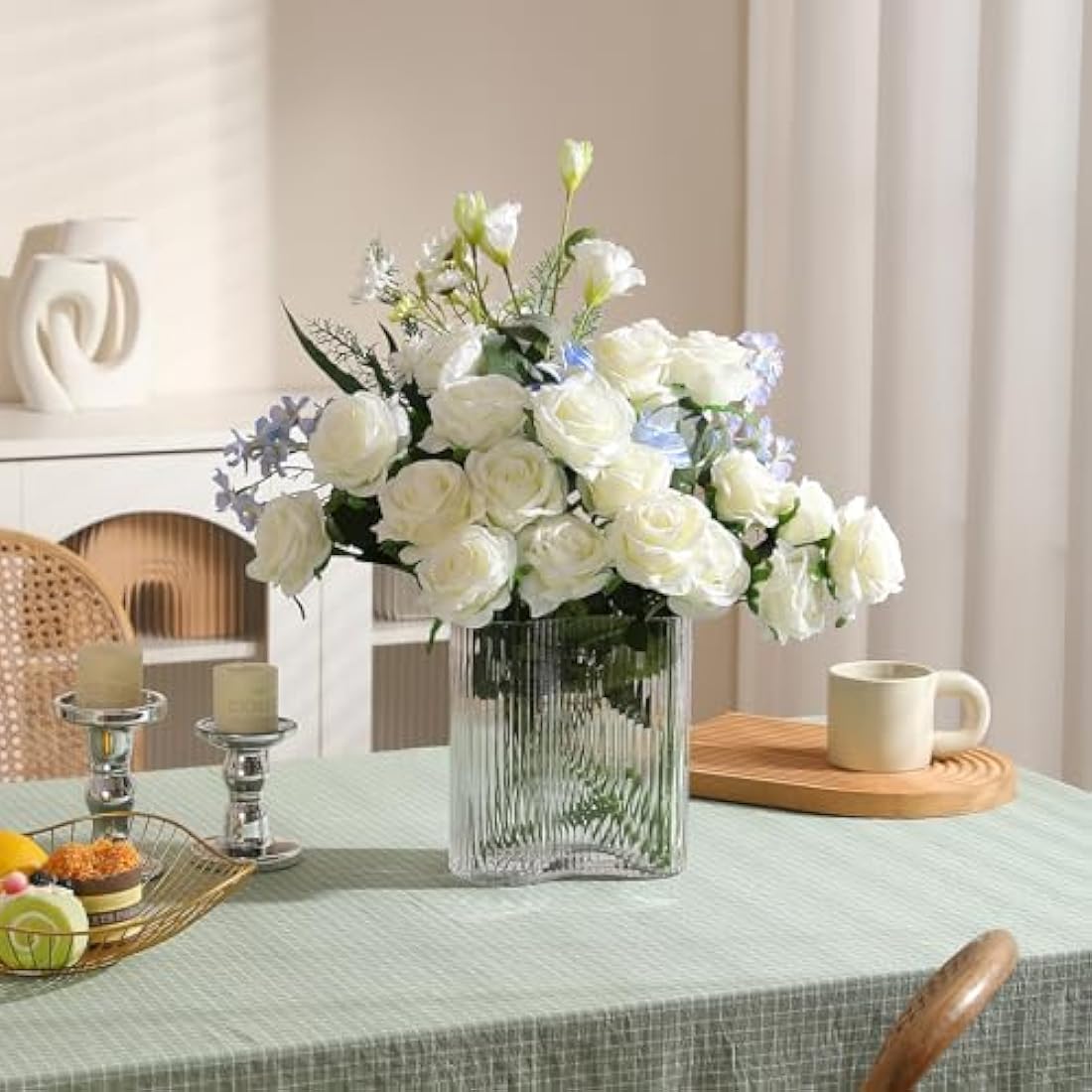 Hawesome 12PCS Artificial Roses Fake Flowers Single Long Stem Blooms with Rose Buds Wedding Decoration Bridal Bouquet Decorative Flower Arrangement Home Decoration Party Centerpieces in Cream White