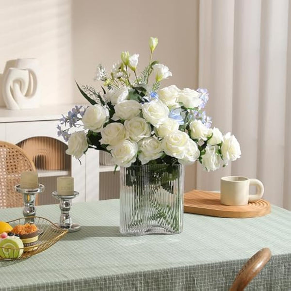 Hawesome 12PCS Artificial Roses Fake Flowers Single Long Stem Blooms with Rose Buds Wedding Decoration Bridal Bouquet Decorative Flower Arrangement Home Decoration Party Centerpieces in Cream White