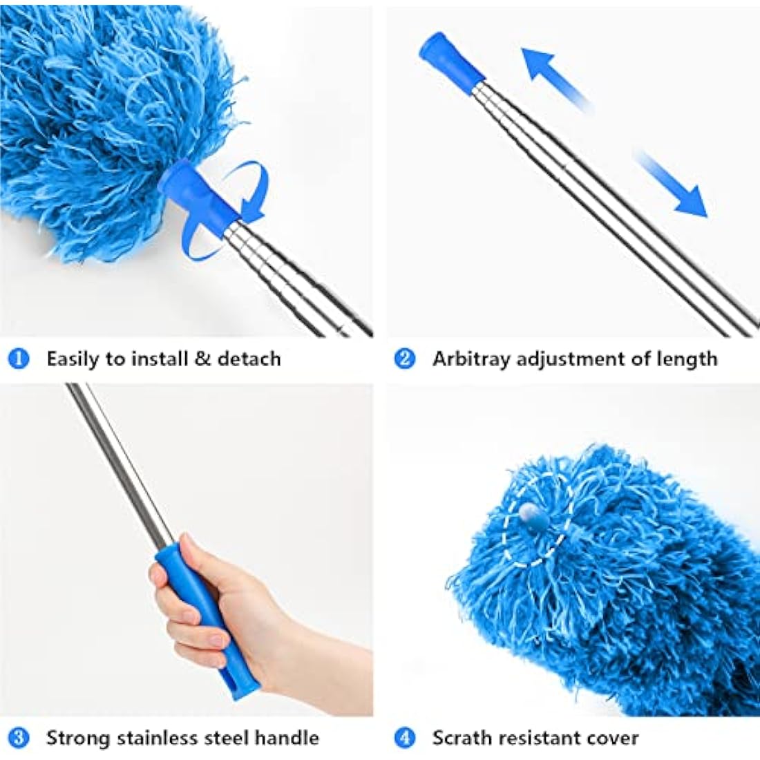 ENJSD Extandable Feather Duster,Microfiber Duster with 100Ines Stainless Steel Extra Long Telescopic Dusters with Soft Silicone Cap,Perfect for Cleaning Cobweb,Ceiling Fan,Cars etc.(Blue)