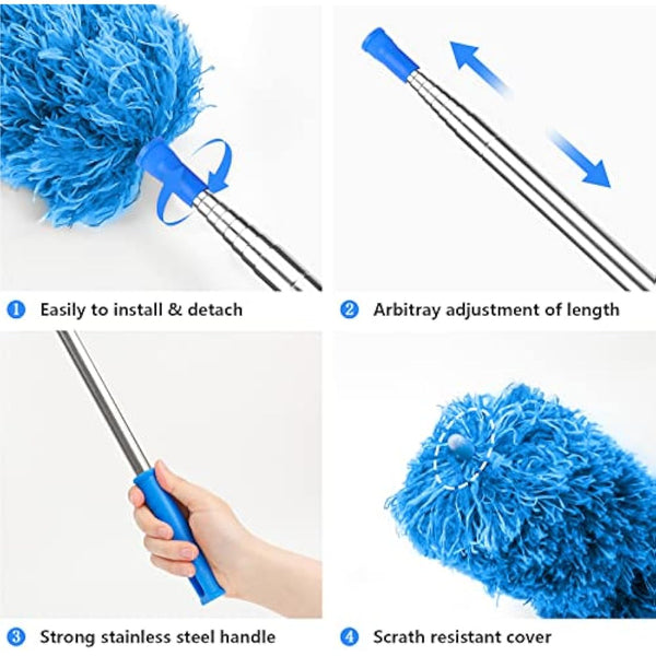 ENJSD Extandable Feather Duster,Microfiber Duster with 100Ines Stainless Steel Extra Long Telescopic Dusters with Soft Silicone Cap,Perfect for Cleaning Cobweb,Ceiling Fan,Cars etc.(Blue)