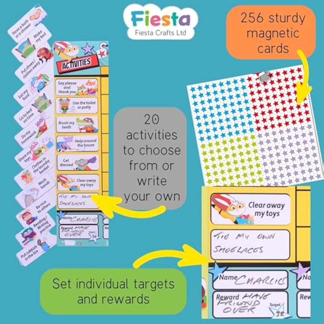 Fiesta Crafts Superhero Star Reward Chart - Magnetic Chore Board for Kids & Toddlers - Colour-Coded & Tracks Up to 4 Children to Encourage Good Behaviour - 200+ Stars, 19 Activity Suggestions, & Pen