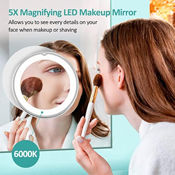 EMKE 5X Magnifying Shaving Mirror with Light, LED Travel Makeup Mirror with Locking Suction Mount | 360° Swivel | Cool Light | Battery, Portable Illuminated for Bathroom, 175mm (UCM03BTMX1W)