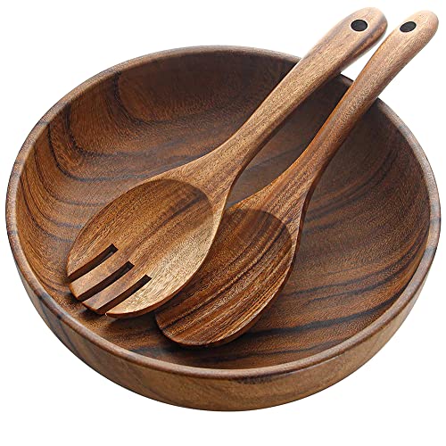 AOOSY Acacia Wooden Salad Bowl and Servers Set,9.5Inchs Solid Wood Saving Bowl with Acacia Wood Spoons Set Salad Mixing Dinner Fork and Spoon Kitchen