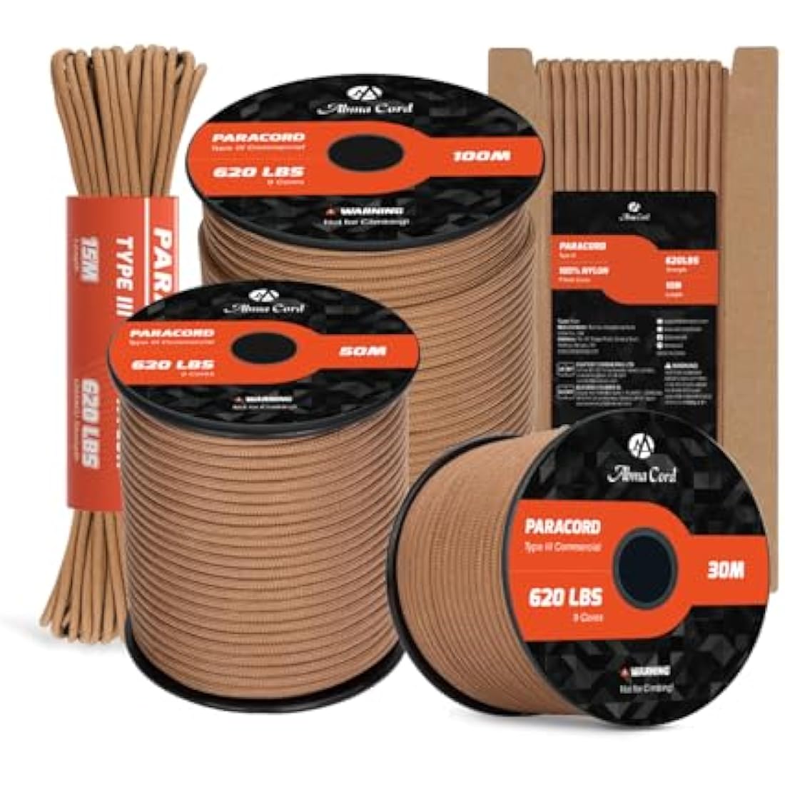 Abma Cord Paracord 4mm 100m 100% Nylon Rope 9 Strands Type III Parachute Cord for DIY, Camping, Survival, Outdoor - Max. 280kg - Coyote Brown