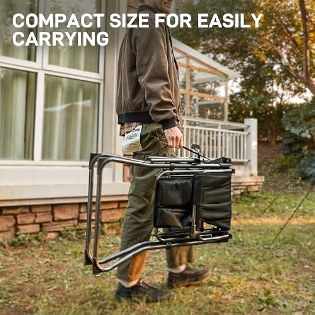 EVER ADVANCED Portable 76CM Seat Height Tall Folding Camping Chair Directors Chair High Foldable Bar Stool with Side Table for Makeup Artist, Sports Event, Craft Show, Supports 160KG Black Grey