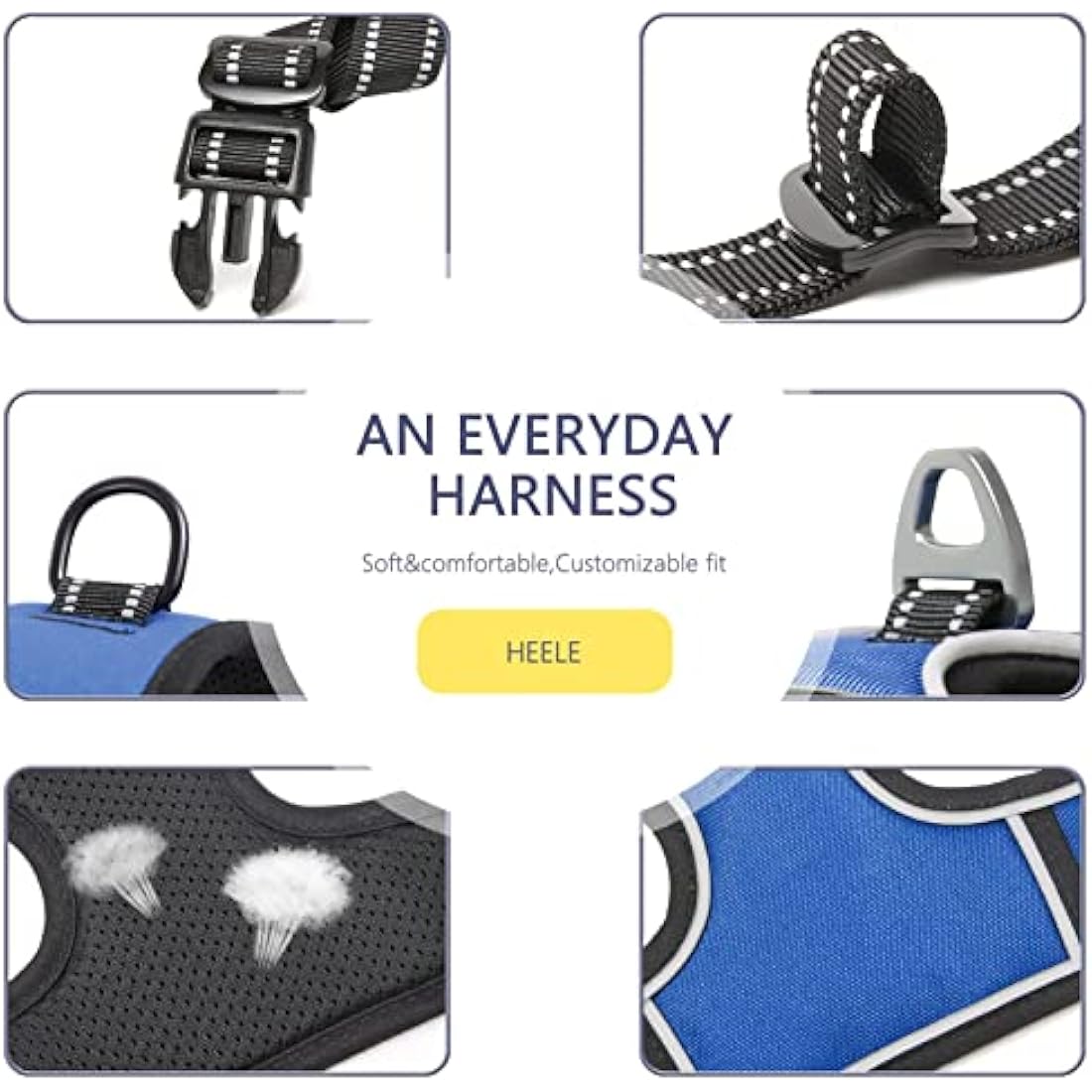 HEELE Dog Harness, No Pull Dog Harness Medium, Release on Neck, Reflective Adjustable Dog Harness with Front Back 2 Leash Attachments and Soft Padded Control Handle for Dogs Walking Training, Blue, M
