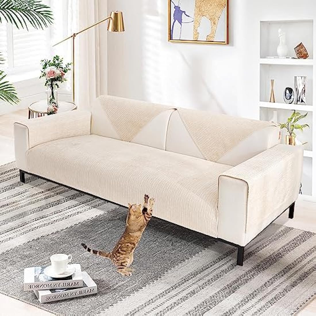 SHANNA Soft Chenille Sofa Cover 1/2/3/4 Seater, New Universal Non-Slip Corner Sofa Cover L Shape Solid Thick Textured Sofa Slipcovers for Living Room(White, 90 * 160cm Seat Cover)