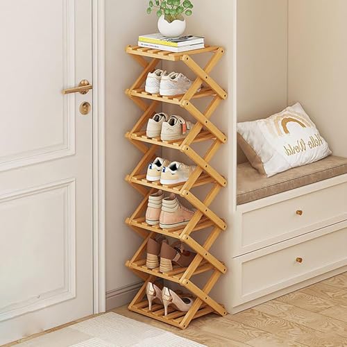 Akloya Vertical Narrow Shoe Rack, 7 Tier Portable Folding Shoe Storage Rack, Without Installation Free Standing Shoe Rack for Corridors, Bedrooms