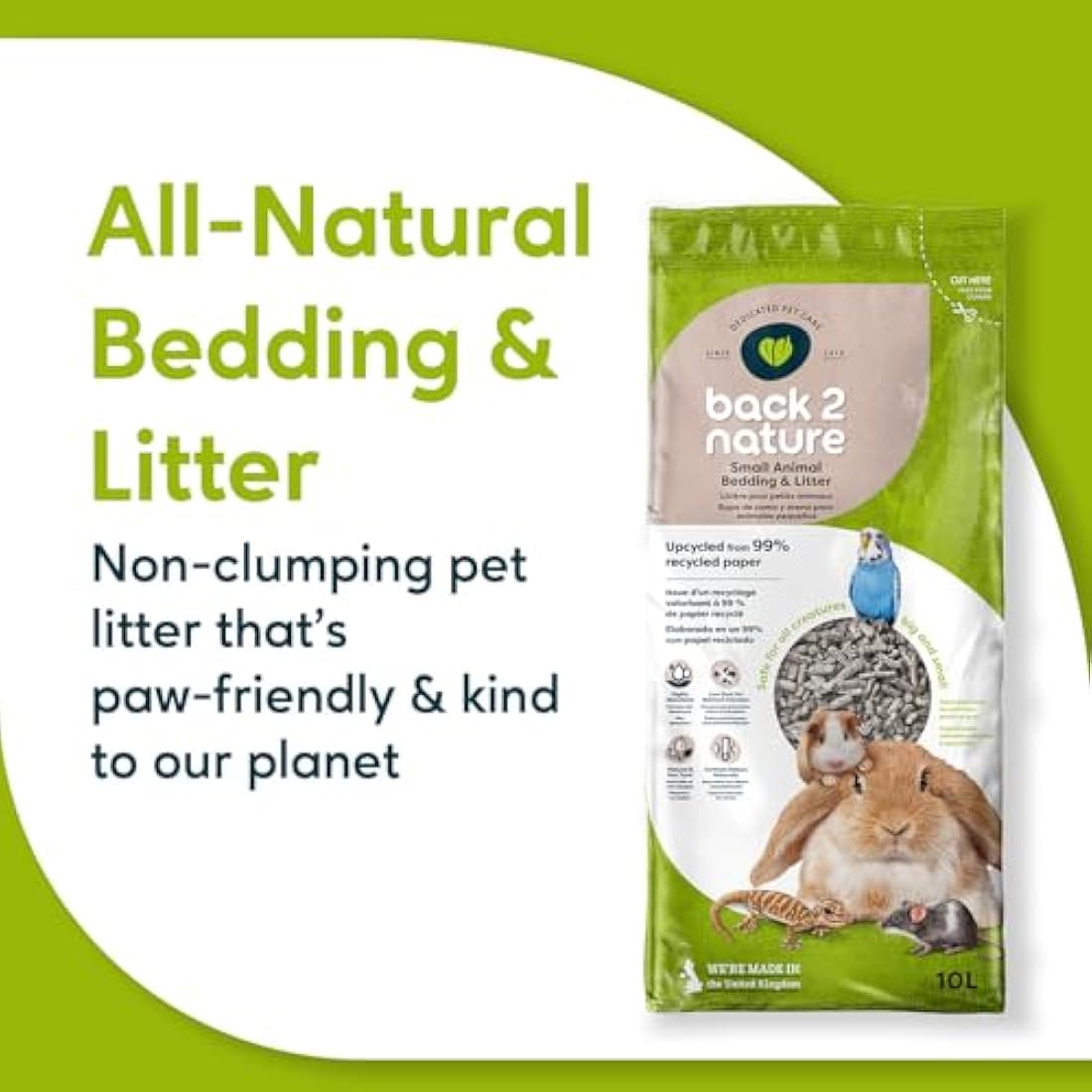 Back 2 Nature Bedding and Litter, (10l) Highly Absorbent 99% Recycled Paper Litter for Small Pets, Dry & Fresh Smelling Rabbit, Bird, Ferret and Hamster Cage, Soft, Safe & Compostable Hamster Bedding