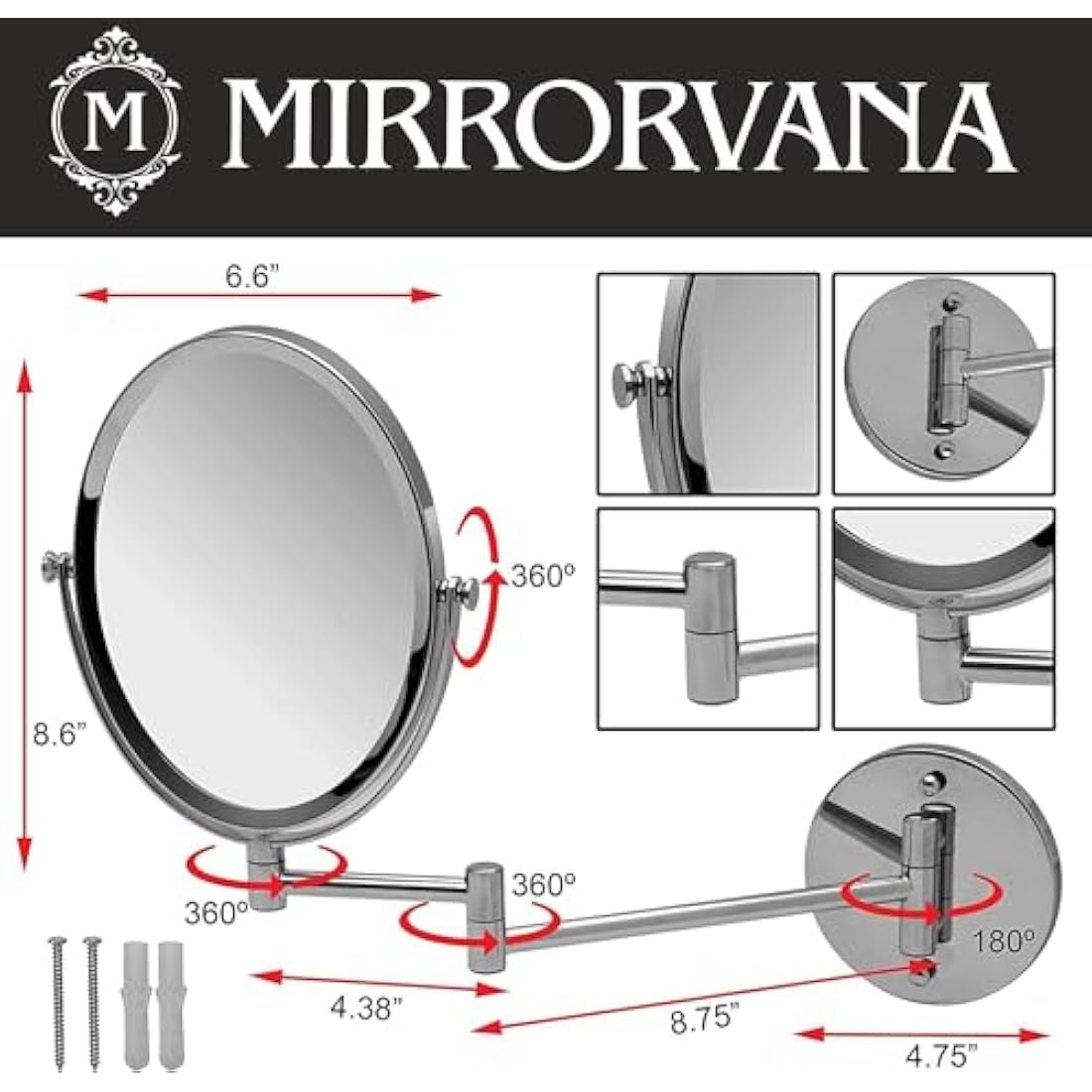 Extending Wall Mounted Bathroom Mirror for Shaving and Makeup - Double Sided 5X / 1X Magnification with 360° Rotation - 33cm Extendable Swivel Arm, Oval 17x22cm (Polished Chrome)