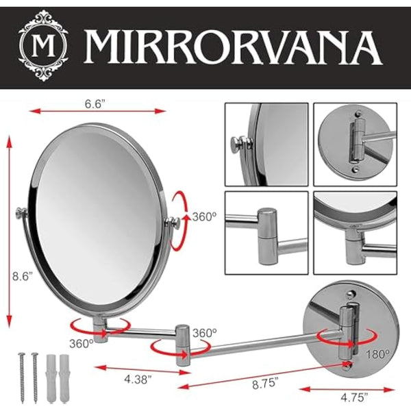 Extending Wall Mounted Bathroom Mirror for Shaving and Makeup - Double Sided 5X / 1X Magnification with 360° Rotation - 33cm Extendable Swivel Arm, Oval 17x22cm (Polished Chrome)