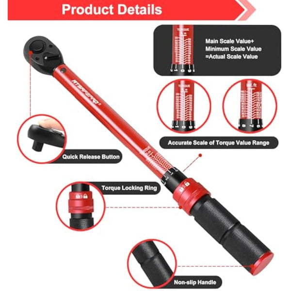 ATsafepro Torque Wrench 1/2 Inch 20-230 Nm, Dual-Direction Adjustable Wheel Torque Wrench, Accuracy ± 3% 72 Tooth Drive Click for Automobile Maintenance