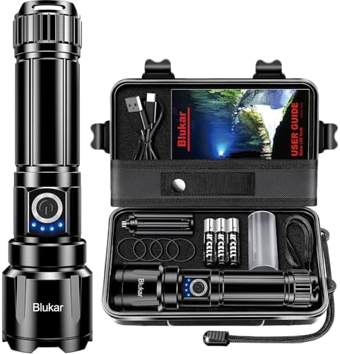 Blukar LED Torch, Super High Lumens Ultra Bright Torches - Adjustable Focus, 5000 mAh, IP67 Waterproof, Powerful Long Lasting Handheld Flashlight for Power Cuts, Camping, Hiking, Emergency etc.