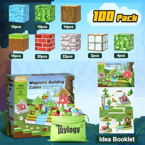 100PCS Magnetic Blocks-Build Mine Magnet World Forest Edition Toys for 3 4 5 6 7 Year Old Boys & Girls, Magnetic Tiles Sensory Kids Toys for 3+ Years Old Girls Boys, Building Construction Kids Game