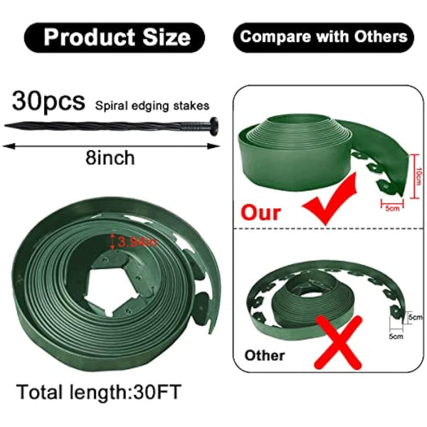 Flexible Lawn Edging 10m,Plastic Garden Edging Border [Extra Tall 10cm Hight]with 30pcs Securing Pegs, Landscape Edging Kit Mini Fence for Flower Beds Pavement-Green