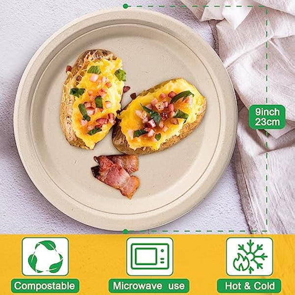 Rigid Disposable Paper Plates Brown 9 inch 150 Pack Eco-Friendly, Sugarcane Strong Heavy Duty Large Plates Compostable Dishes Tray for Party BBQ